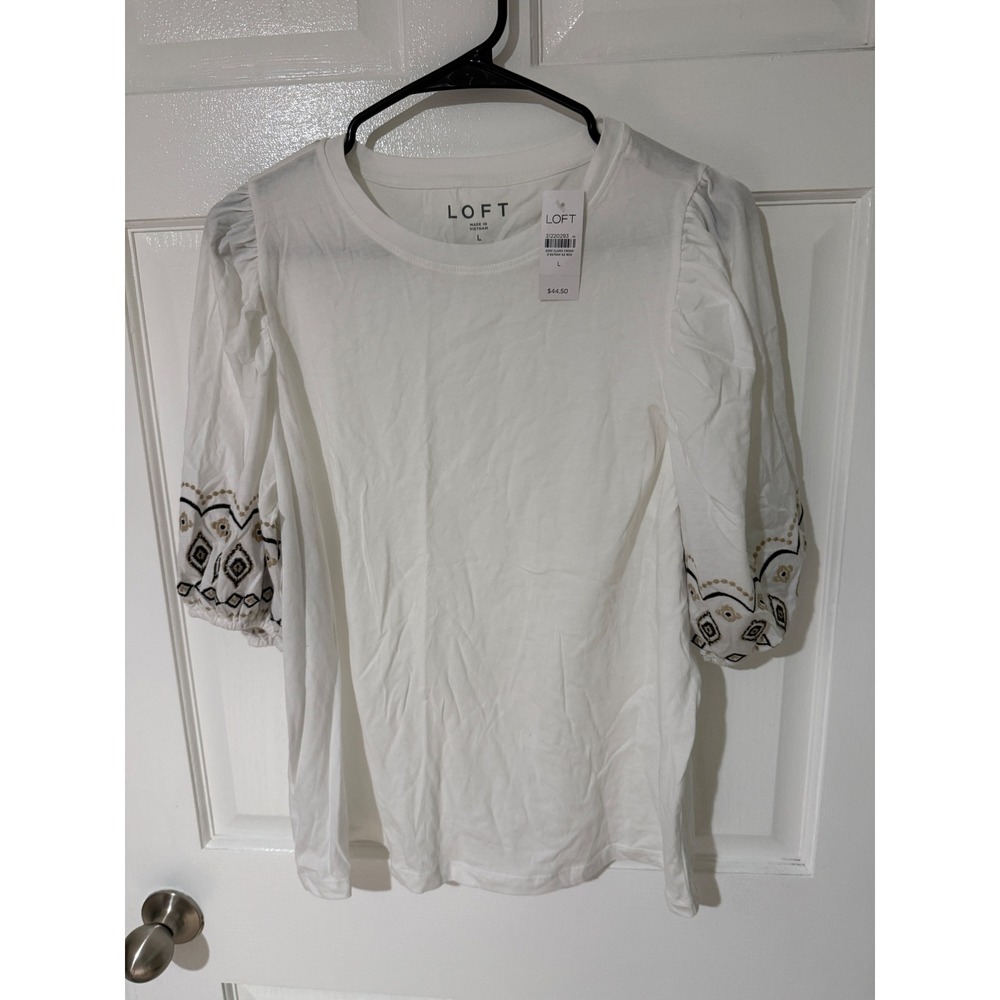 LOFT Embroidered Sleeve Puff Sleeve T Shirt White Women's Size L NWT